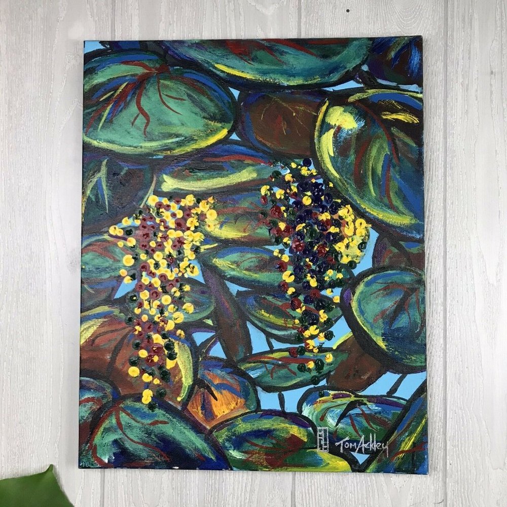Tom Ackley Original Artwork Signed Colorful Tropical Leaves Nature On Canvas